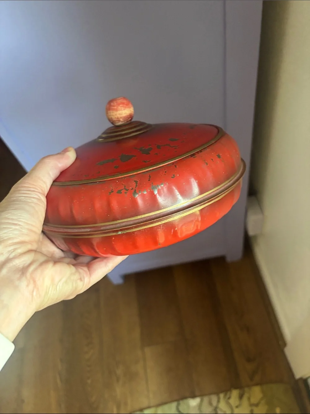 Vintage Tin red orange 1950’s 3 piece wood knob thread round metal Sewing box